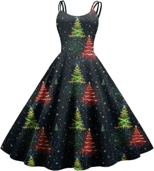 Women's Christmas Dress 1950S Retro Sleeveless Spaghetti Strap Party Dress 2024 Trendy Swing A-Line Flare Dresses