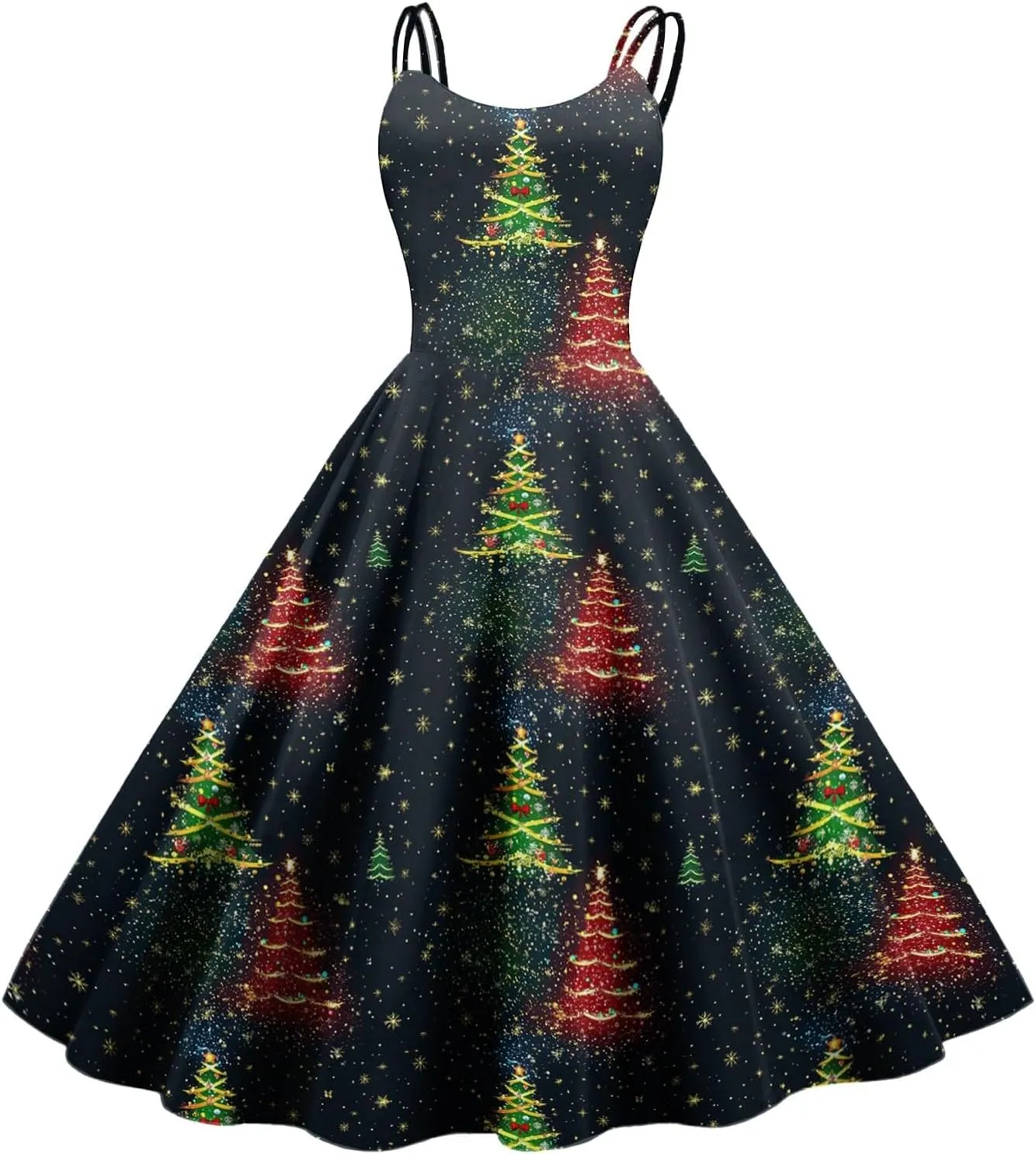 Women's Christmas Dress 1950S Retro Sleeveless Spaghetti Strap Party Dress 2024 Trendy Swing A-Line Flare Dresses