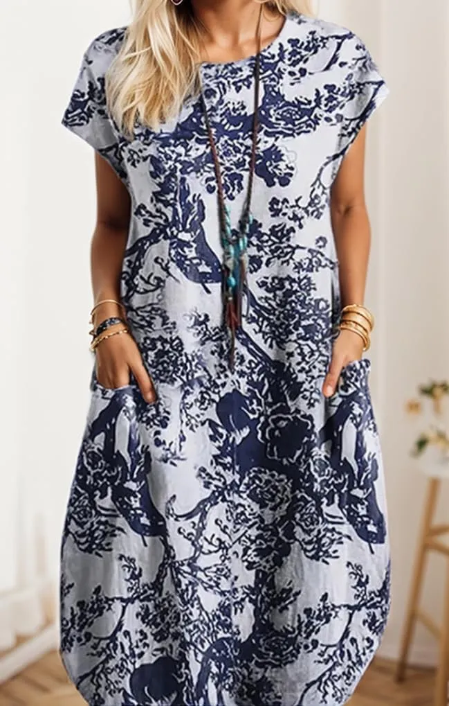 Womens Cotton Linen Boho Floral Print Cap Sleeve Midi Dresses Trendy Crew Neck Casual Loose Dress with Pockets