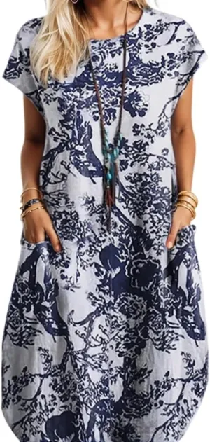 Womens Cotton Linen Boho Floral Print Cap Sleeve Midi Dresses Trendy Crew Neck Casual Loose Dress with Pockets