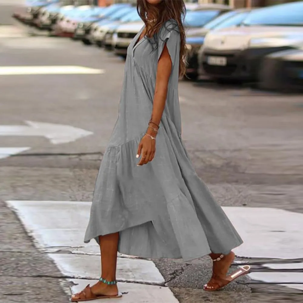 Women's Cotton Linen Tunic Dresses V Neck Summer Casual Loose Short Sleeve Flowy Swing Beach Midi Dress Plus Size