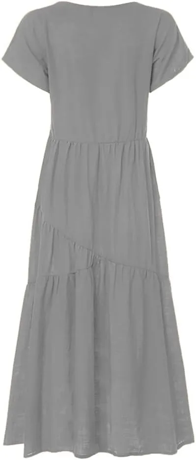 Women's Cotton Linen Tunic Dresses V Neck Summer Casual Loose Short Sleeve Flowy Swing Beach Midi Dress Plus Size