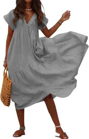 Women's Cotton Linen Tunic Dresses V Neck Summer Casual Loose Short Sleeve Flowy Swing Beach Midi Dress Plus Size