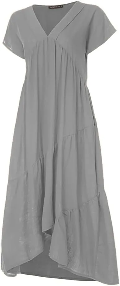 Women's Cotton Linen Tunic Dresses V Neck Summer Casual Loose Short Sleeve Flowy Swing Beach Midi Dress Plus Size