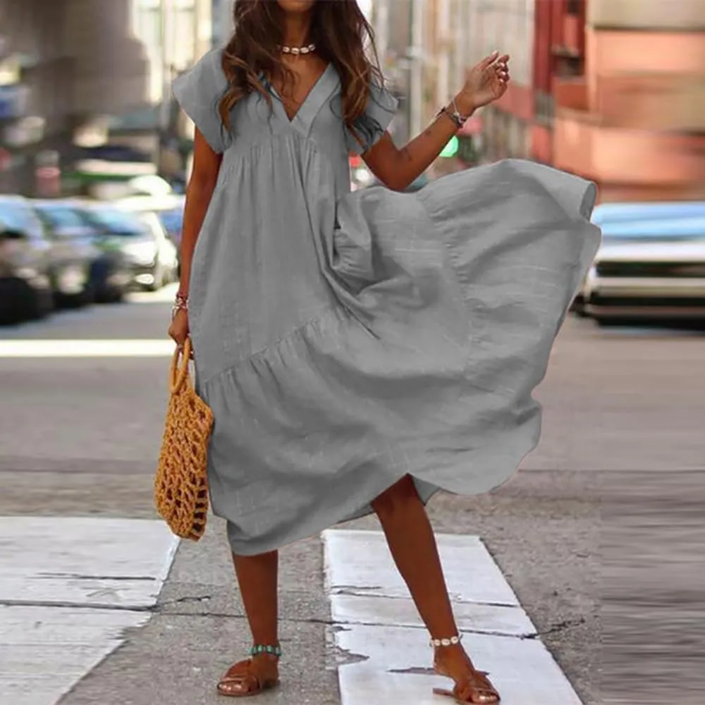 Women's Cotton Linen Tunic Dresses V Neck Summer Casual Loose Short Sleeve Flowy Swing Beach Midi Dress Plus Size