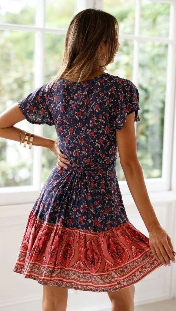 Women's Dress Boho Summer Floral Ruffle Short Sleeve V Neck Beach Mini Skirt with Belt Wrap Sundress