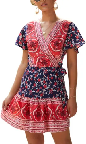 Women's Dress Boho Summer Floral Ruffle Short Sleeve V Neck Beach Mini Skirt with Belt Wrap Sundress