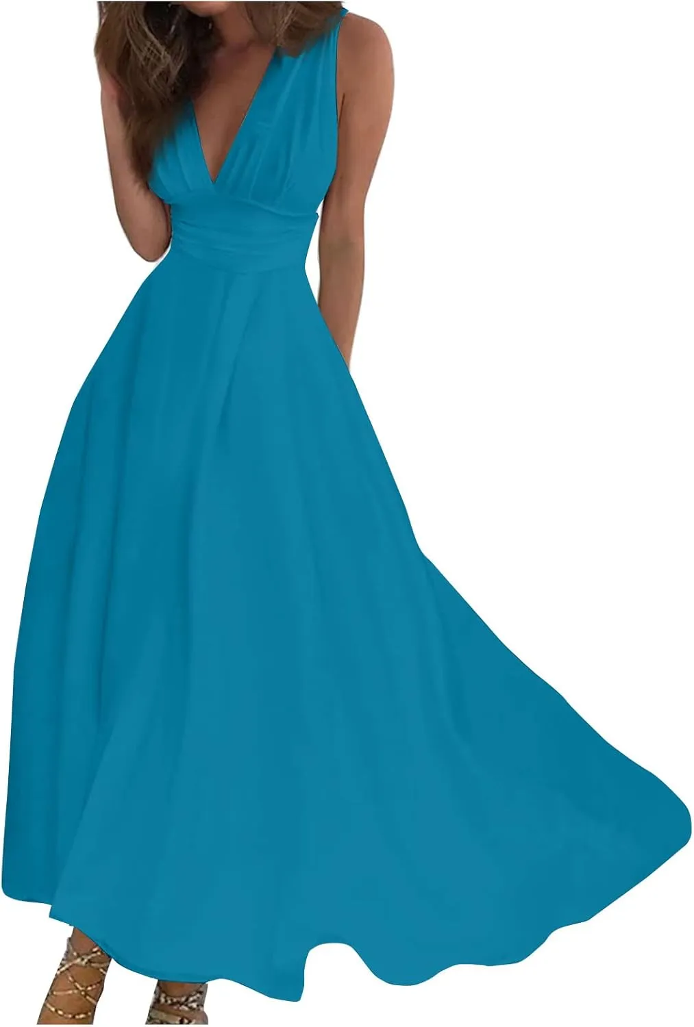 Womens Dresses Sleeveless Floral Print Maxi Dress Flowy Ruched Wrap V Neck Beach Dresses Trendy Sundress
