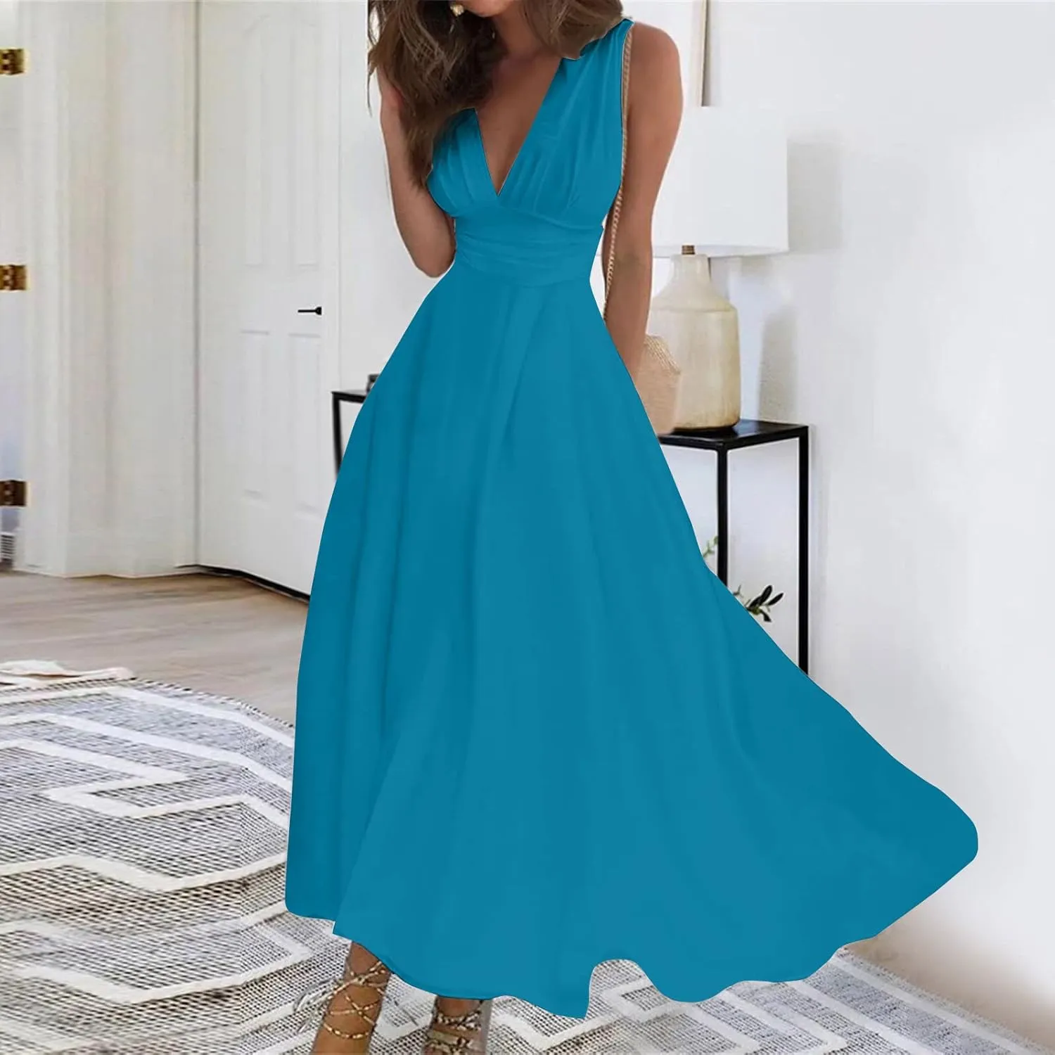 Womens Dresses Sleeveless Floral Print Maxi Dress Flowy Ruched Wrap V Neck Beach Dresses Trendy Sundress