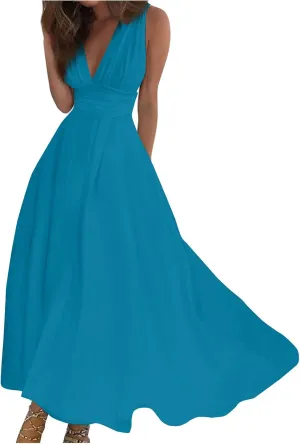 Womens Dresses Sleeveless Floral Print Maxi Dress Flowy Ruched Wrap V Neck Beach Dresses Trendy Sundress