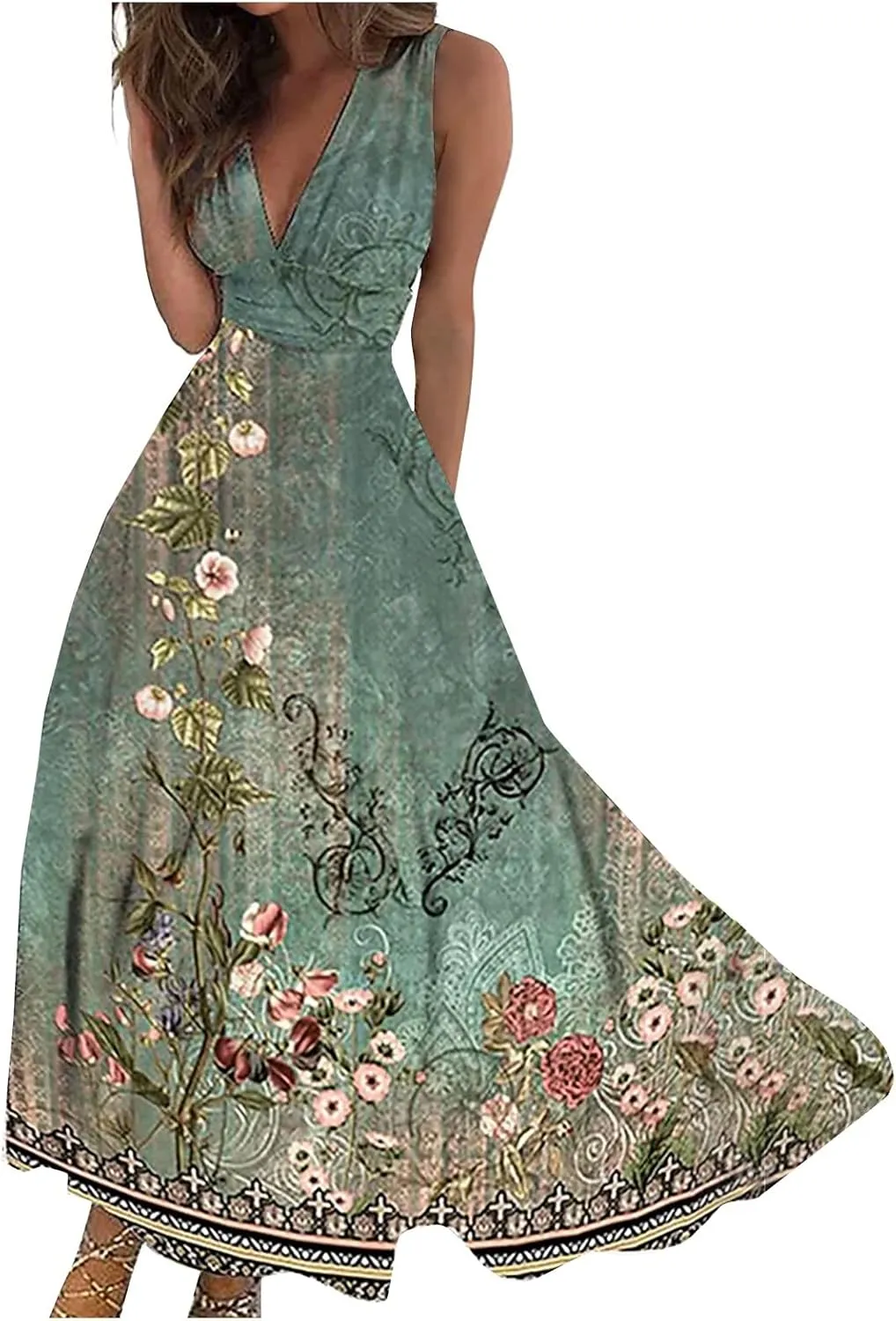 Womens Dresses Sleeveless Flowy Ruched Maxi Dress Wrap V Neck Floral Print Beach Dresses Trendy Sundresses