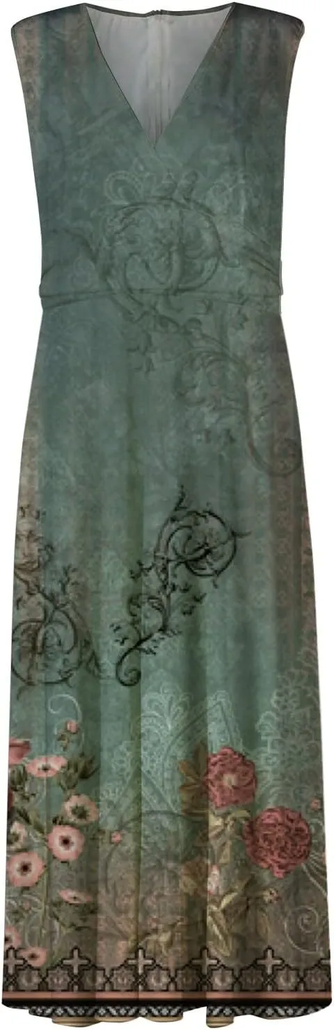 Womens Dresses Sleeveless Flowy Ruched Maxi Dress Wrap V Neck Floral Print Beach Dresses Trendy Sundresses