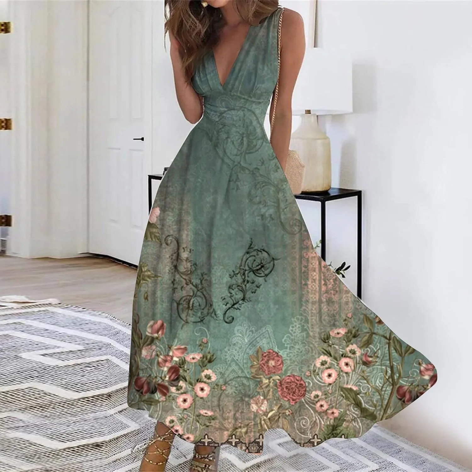 Womens Dresses Sleeveless Flowy Ruched Maxi Dress Wrap V Neck Floral Print Beach Dresses Trendy Sundresses