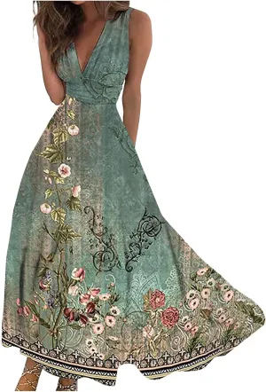 Womens Dresses Sleeveless Flowy Ruched Maxi Dress Wrap V Neck Floral Print Beach Dresses Trendy Sundresses