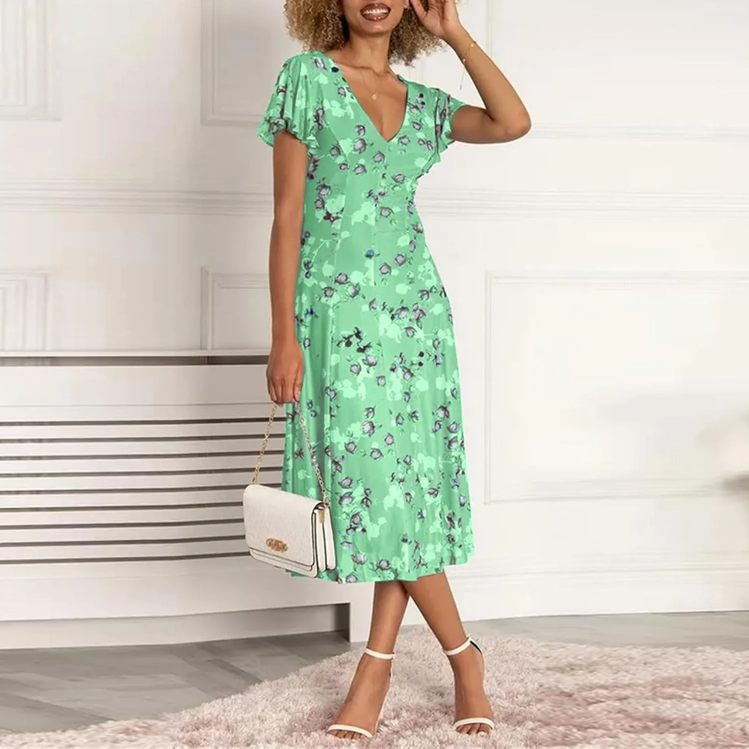 Womens Dresses Spring Summer Swing Casual Fitted Maxi Dresses for Women 2025 Ruffle Short Sleeve