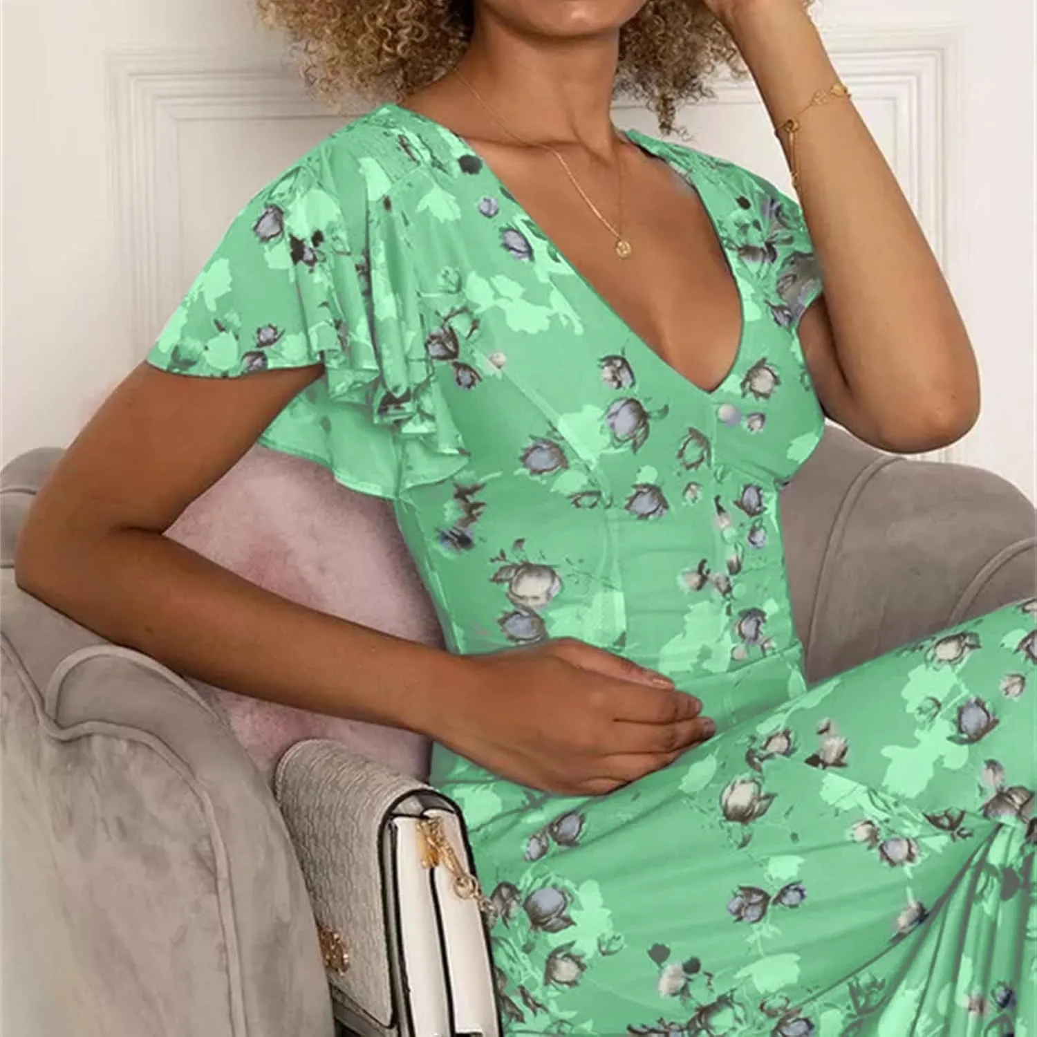 Womens Dresses Spring Summer Swing Casual Fitted Maxi Dresses for Women 2025 Ruffle Short Sleeve