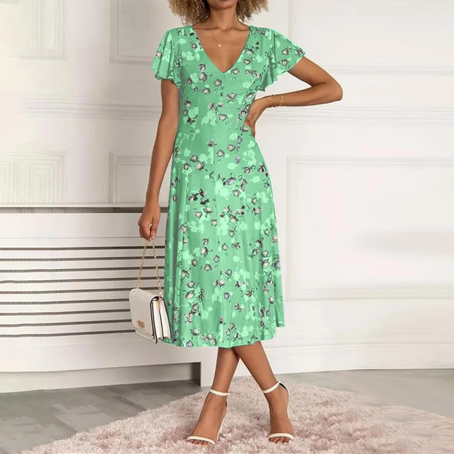 Womens Dresses Spring Summer Swing Casual Fitted Maxi Dresses for Women 2025 Ruffle Short Sleeve
