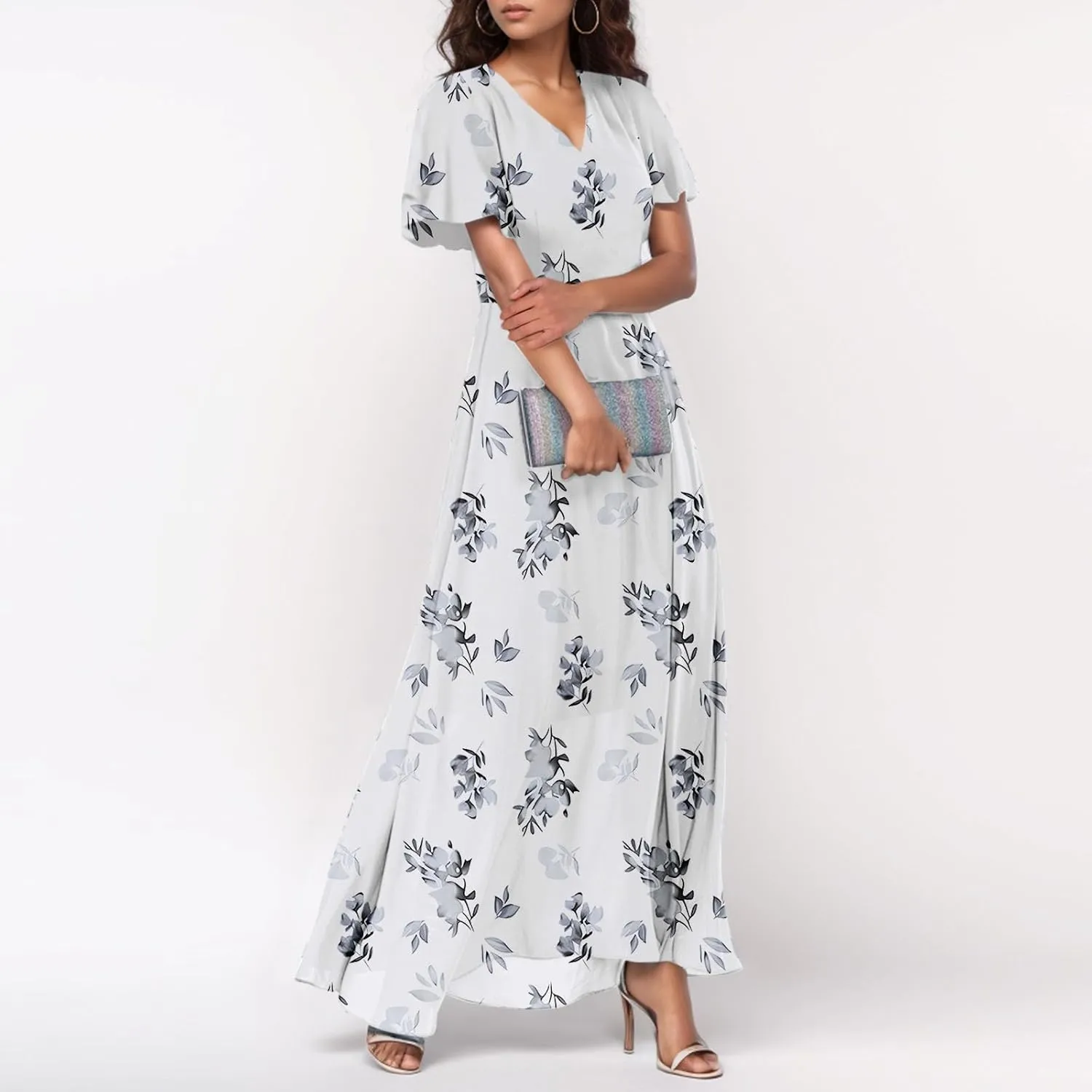 Womens Dresses Swing Maxi Dresses for Women Swing Flowy Ruffle Hem Ruffle Short Sleeve Womens