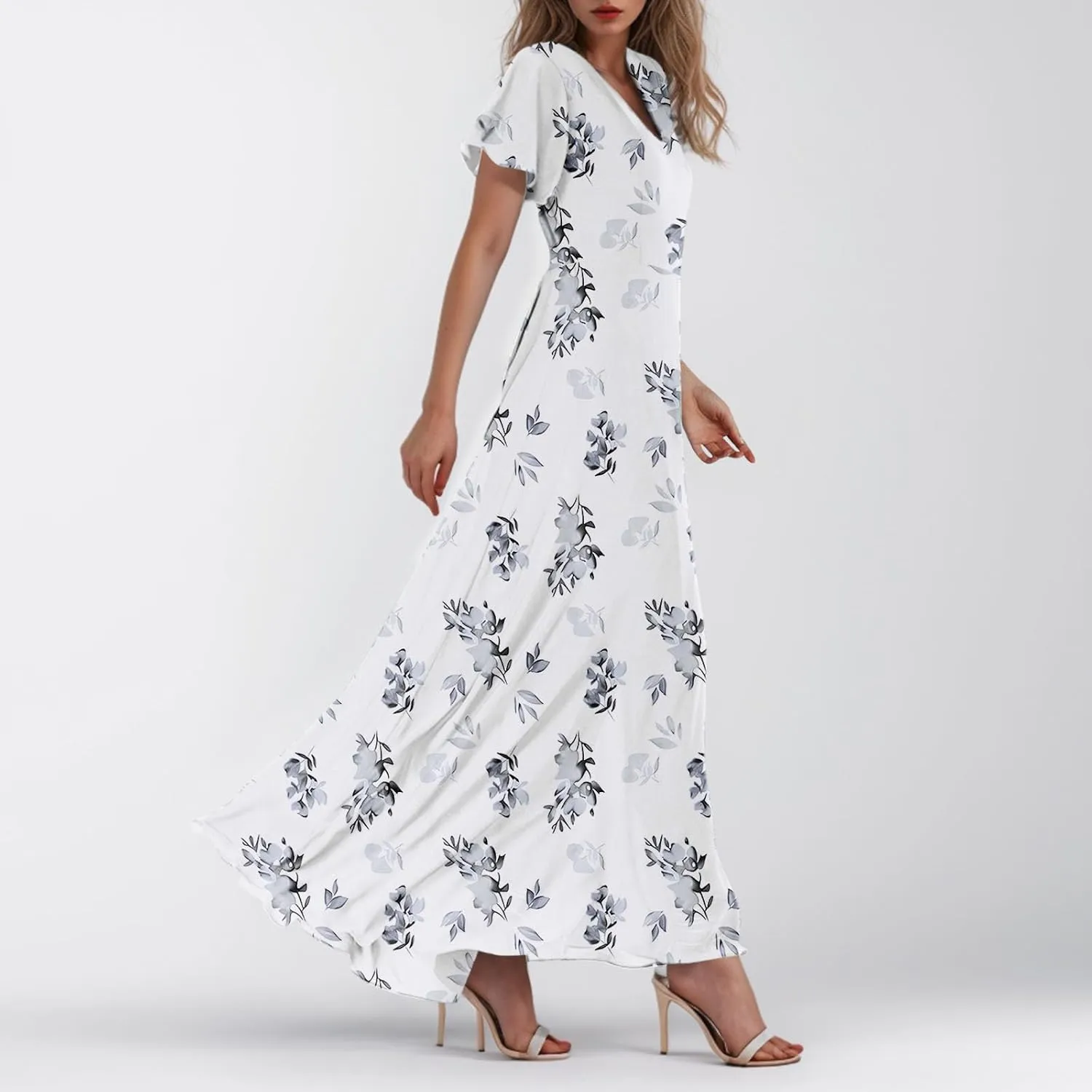 Womens Dresses Swing Maxi Dresses for Women Swing Flowy Ruffle Hem Ruffle Short Sleeve Womens