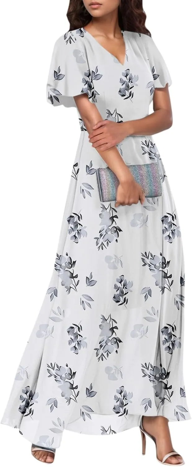 Womens Dresses Swing Maxi Dresses for Women Swing Flowy Ruffle Hem Ruffle Short Sleeve Womens