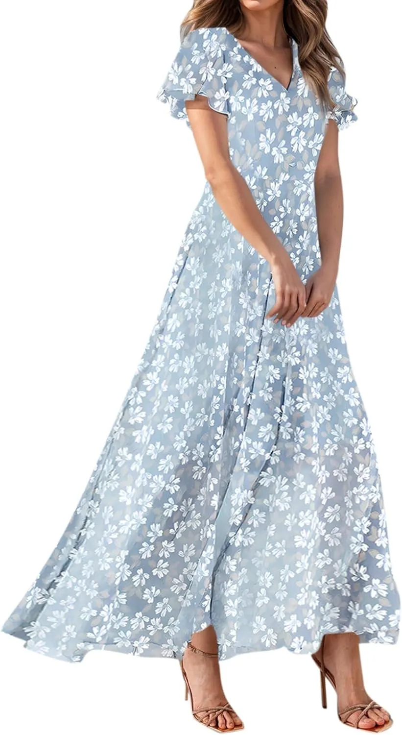Womens Dresses Swing Maxi Dresses for Women Swing Flowy Ruffle Hem Ruffle Short Sleeve Womens