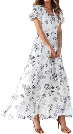 Womens Dresses Swing Maxi Dresses for Women Swing Flowy Ruffle Hem Ruffle Short Sleeve Womens