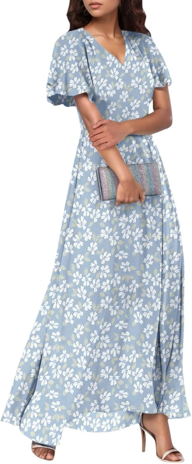 Womens Dresses Swing Maxi Dresses for Women Swing Flowy Ruffle Hem Ruffle Short Sleeve Womens
