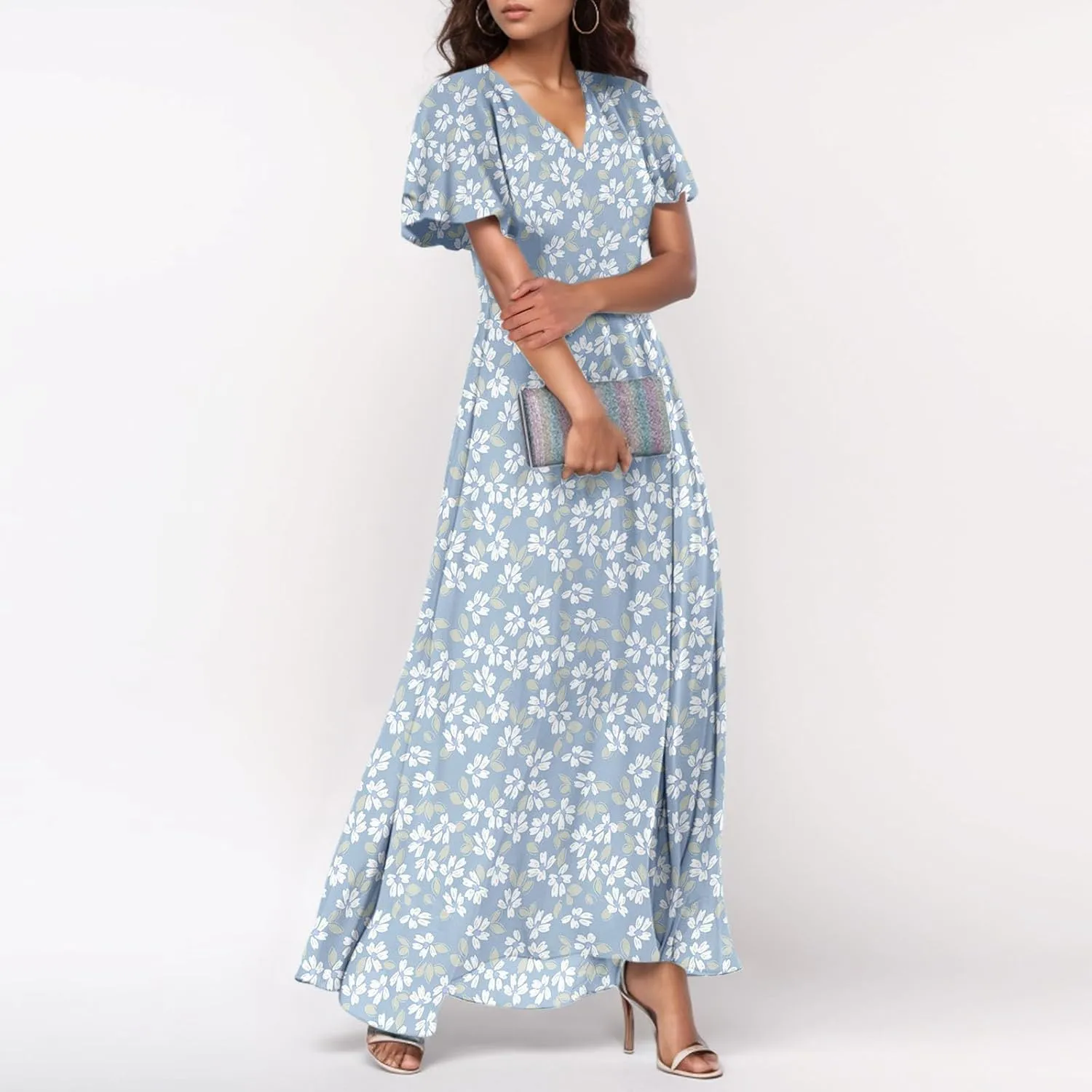 Womens Dresses Swing Maxi Dresses for Women Swing Flowy Ruffle Hem Ruffle Short Sleeve Womens
