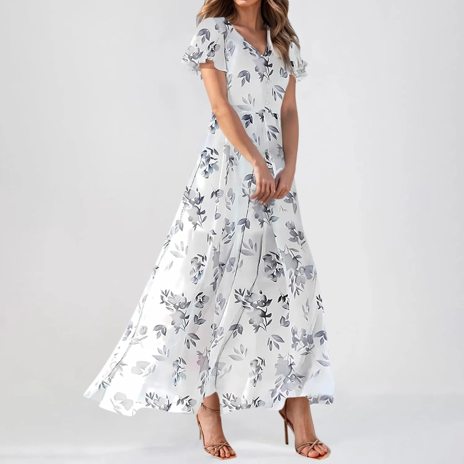 Womens Dresses Swing Maxi Dresses for Women Swing Flowy Ruffle Hem Ruffle Short Sleeve Womens