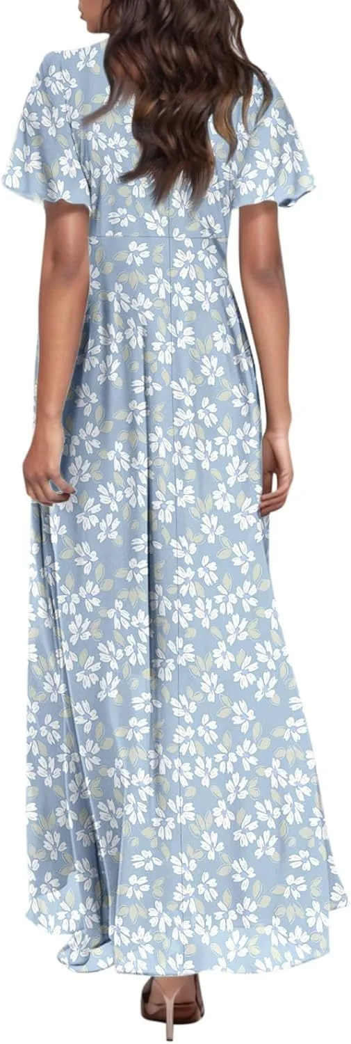 Womens Dresses Swing Maxi Dresses for Women Swing Flowy Ruffle Hem Ruffle Short Sleeve Womens