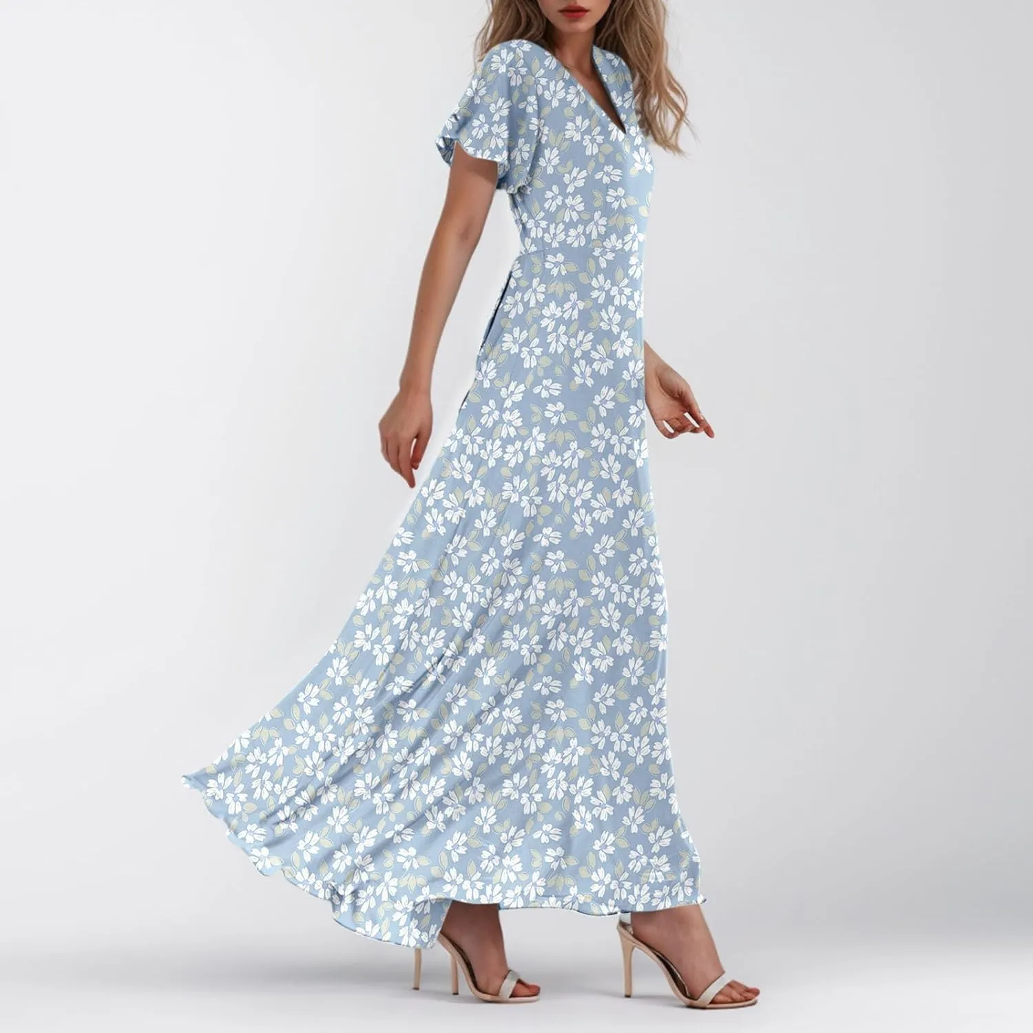 Womens Dresses Swing Maxi Dresses for Women Swing Flowy Ruffle Hem Ruffle Short Sleeve Womens