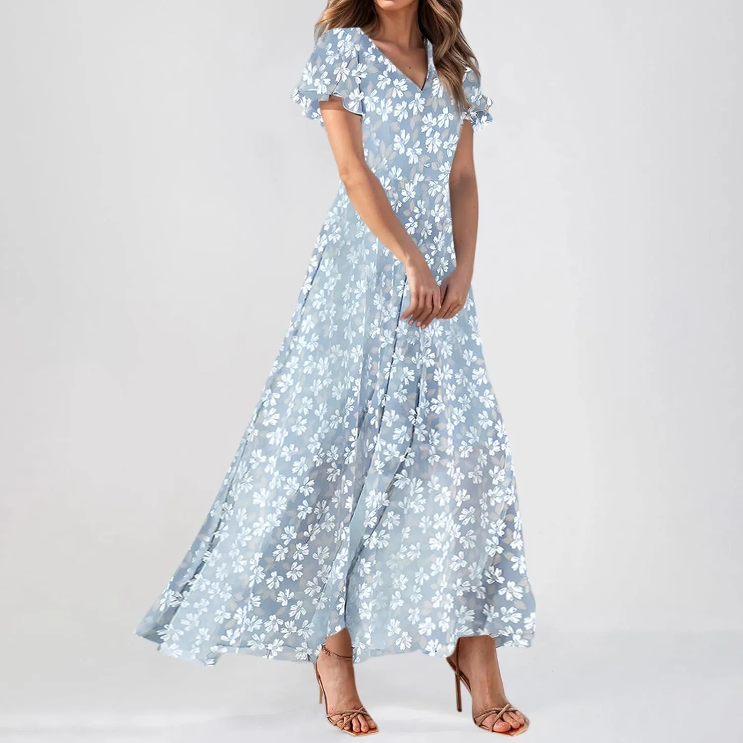 Womens Dresses Swing Maxi Dresses for Women Swing Flowy Ruffle Hem Ruffle Short Sleeve Womens