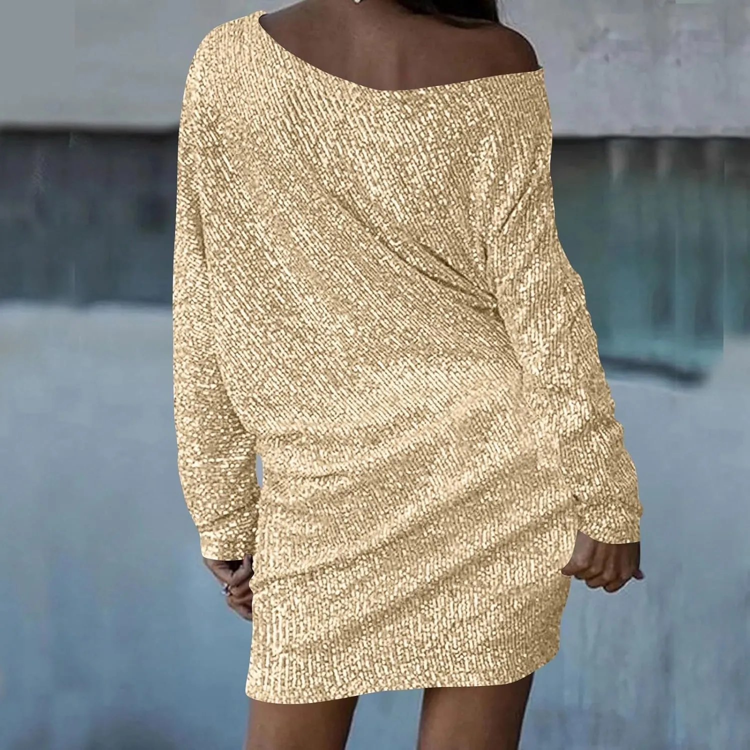 Women's Elegant Sexy One Shoulder Long Sleeve Midi Dress Solid Color Sequins Prom Party Cocktail Dresses, S-3XL