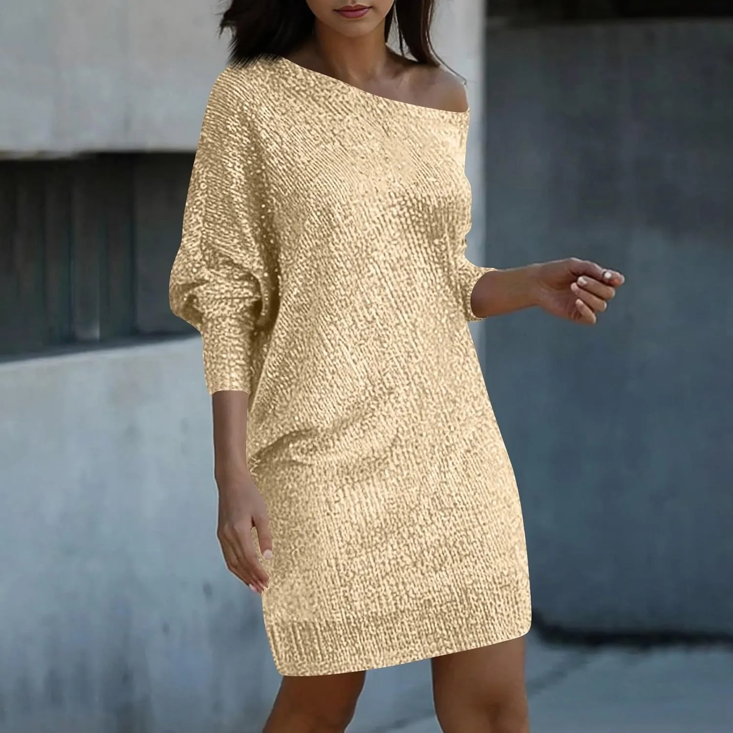 Women's Elegant Sexy One Shoulder Long Sleeve Midi Dress Solid Color Sequins Prom Party Cocktail Dresses, S-3XL