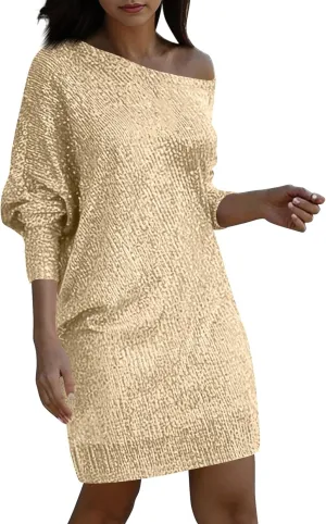 Women's Elegant Sexy One Shoulder Long Sleeve Midi Dress Solid Color Sequins Prom Party Cocktail Dresses, S-3XL