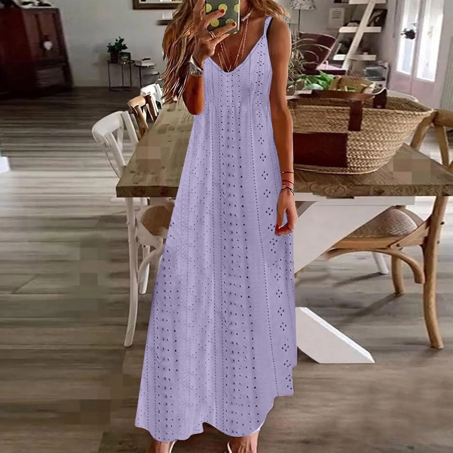 Womens Eyelet Summer Dresses Casual Sundresses Hollow Out Long Dress Sleeveless V-Neck Camisole Dress