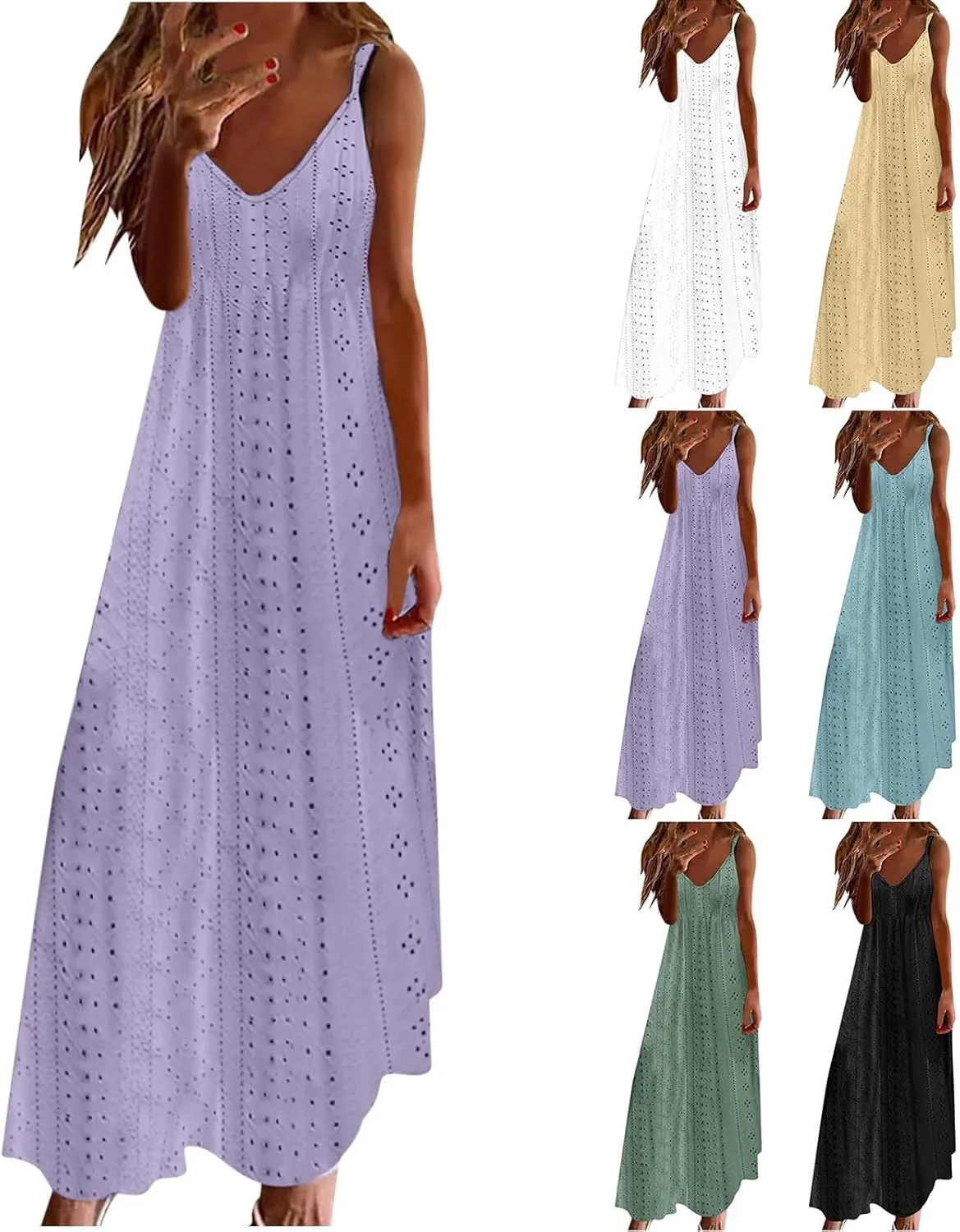 Womens Eyelet Summer Dresses Casual Sundresses Hollow Out Long Dress Sleeveless V-Neck Camisole Dress