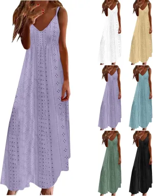 Womens Eyelet Summer Dresses Casual Sundresses Hollow Out Long Dress Sleeveless V-Neck Camisole Dress