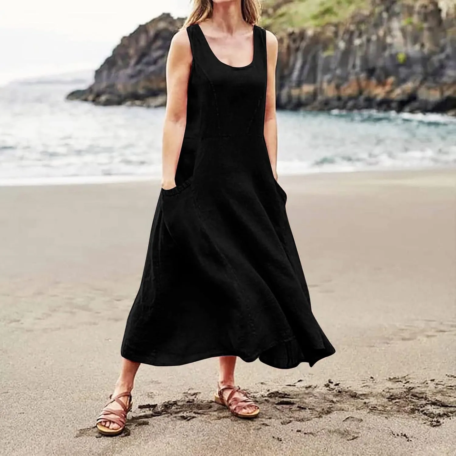 Womens Floral Maxi Dresses Plus Size Sleeveless Linen Boho Dress Long Flowy Sun Dress Summer Cotton Linen Tank Dress