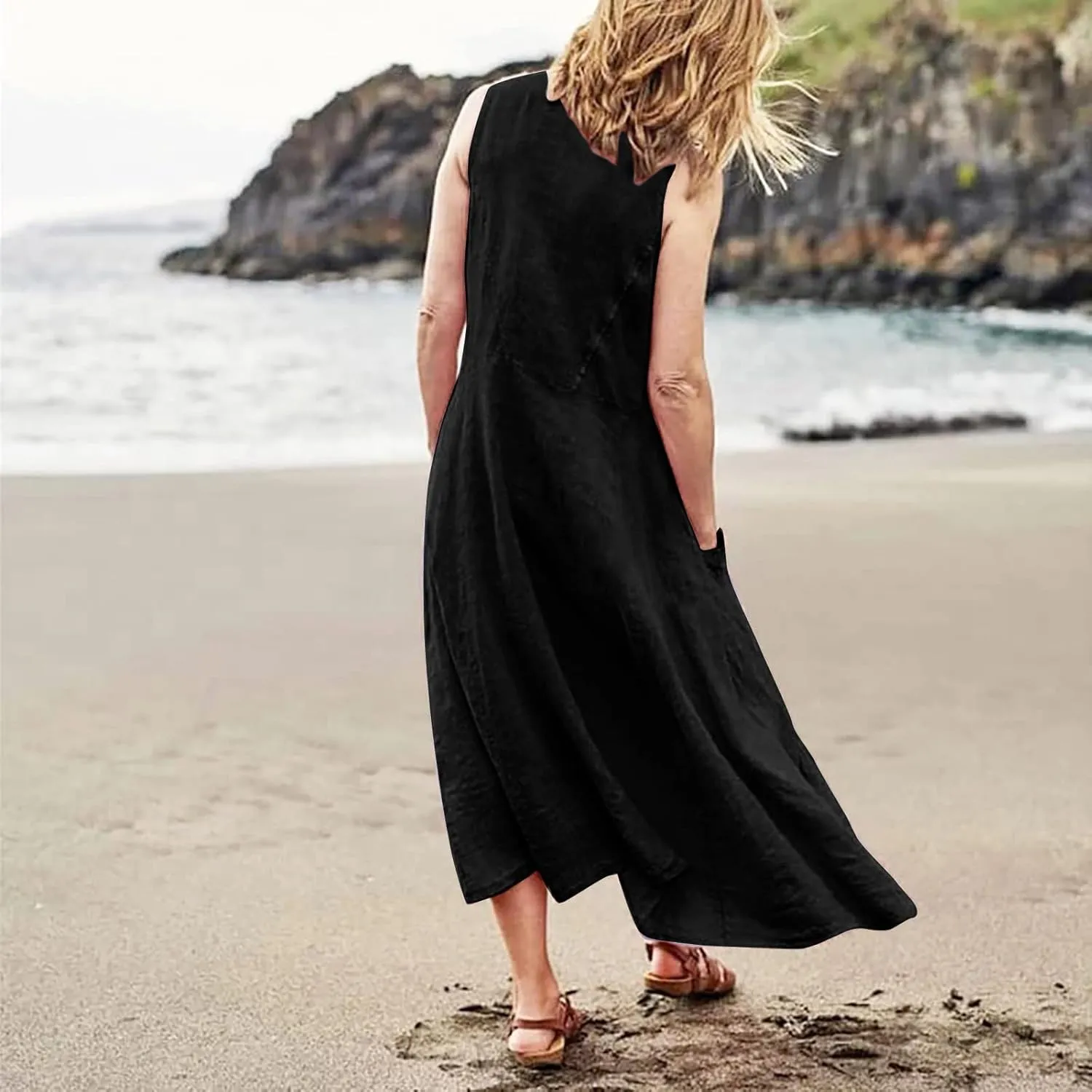 Womens Floral Maxi Dresses Plus Size Sleeveless Linen Boho Dress Long Flowy Sun Dress Summer Cotton Linen Tank Dress
