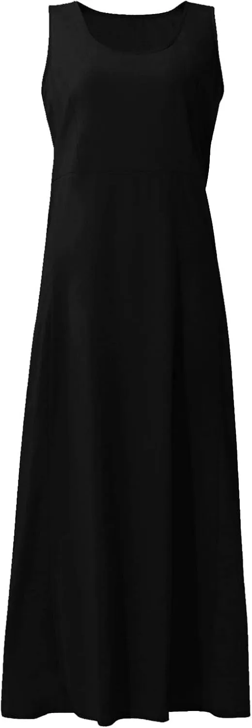 Womens Floral Maxi Dresses Plus Size Sleeveless Linen Boho Dress Long Flowy Sun Dress Summer Cotton Linen Tank Dress