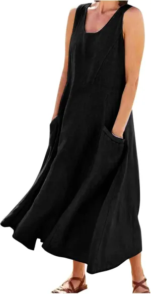 Womens Floral Maxi Dresses Plus Size Sleeveless Linen Boho Dress Long Flowy Sun Dress Summer Cotton Linen Tank Dress