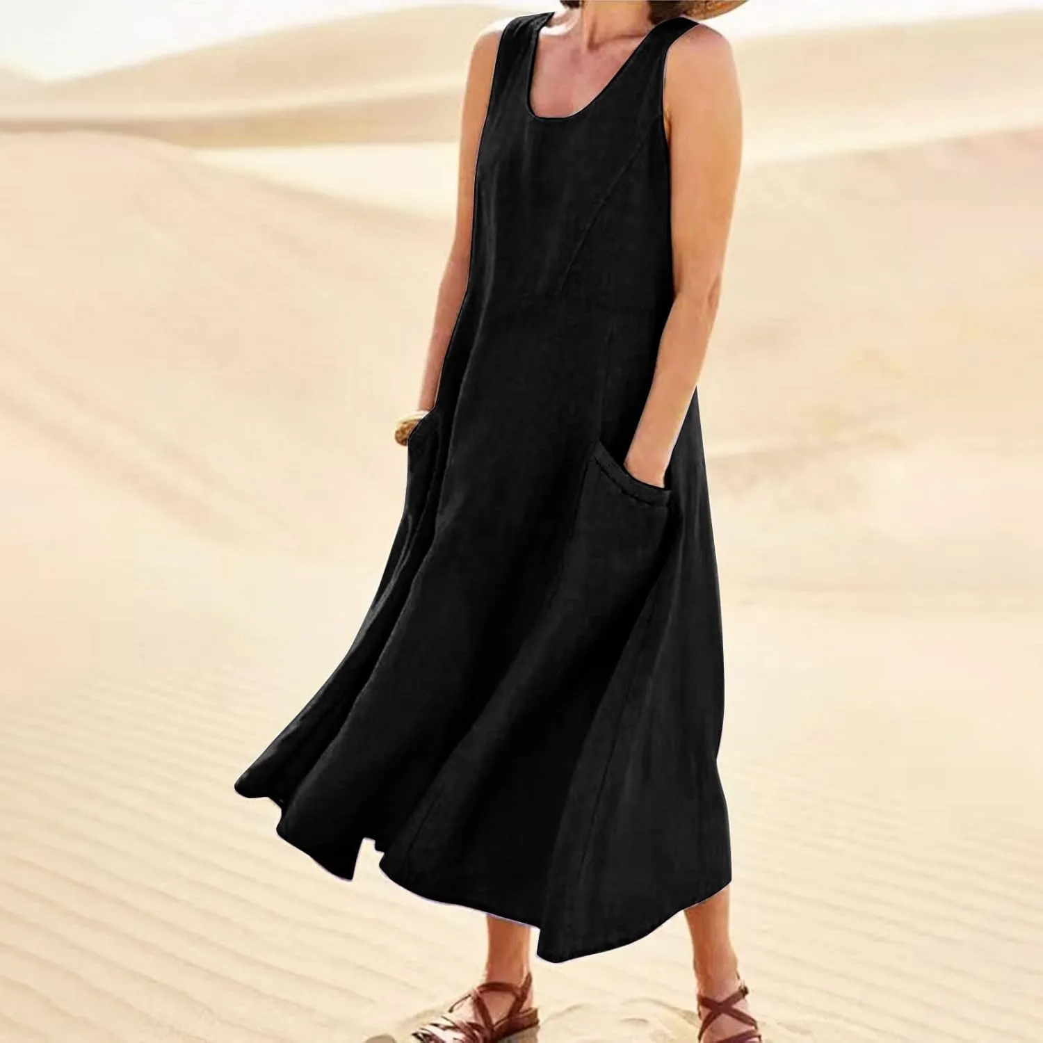 Womens Floral Maxi Dresses Plus Size Sleeveless Linen Boho Dress Long Flowy Sun Dress Summer Cotton Linen Tank Dress