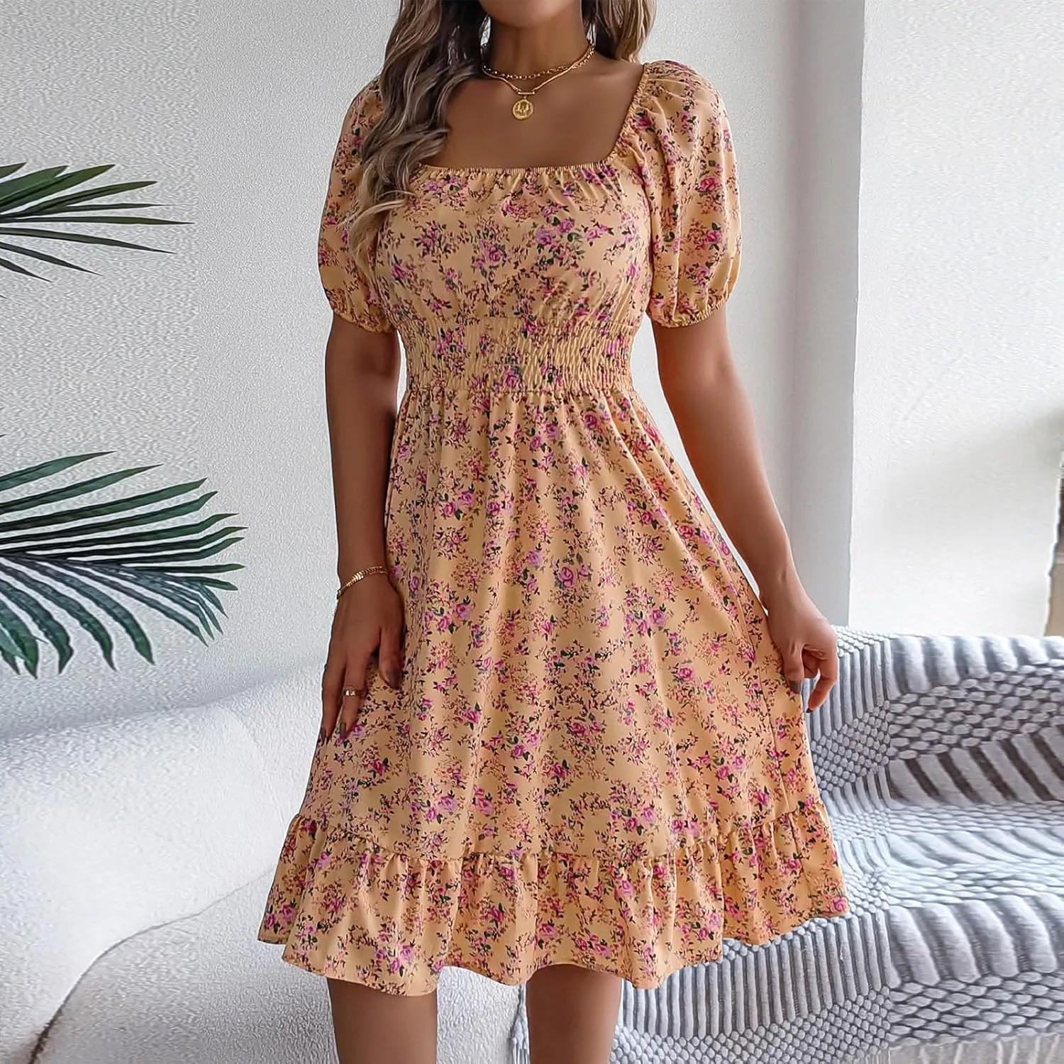 Women's Floral Print Dress Off Shoulder Short Sleeve Flowy A Line Tunic Dress Trendy Summer Beach Midi Sun Dresses