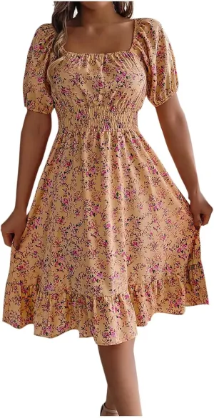 Women's Floral Print Dress Off Shoulder Short Sleeve Flowy A Line Tunic Dress Trendy Summer Beach Midi Sun Dresses