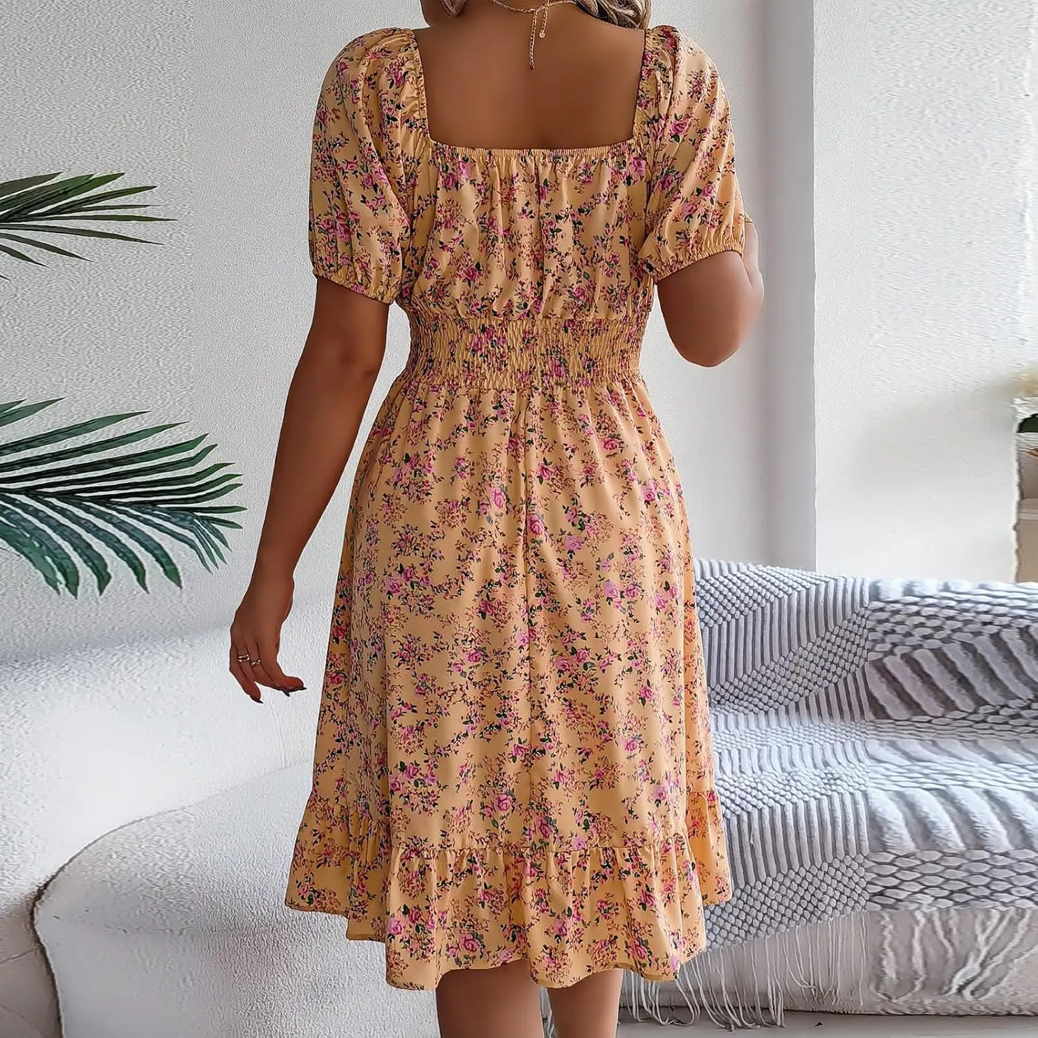 Women's Floral Print Dress Off Shoulder Short Sleeve Flowy A Line Tunic Dress Trendy Summer Beach Midi Sun Dresses