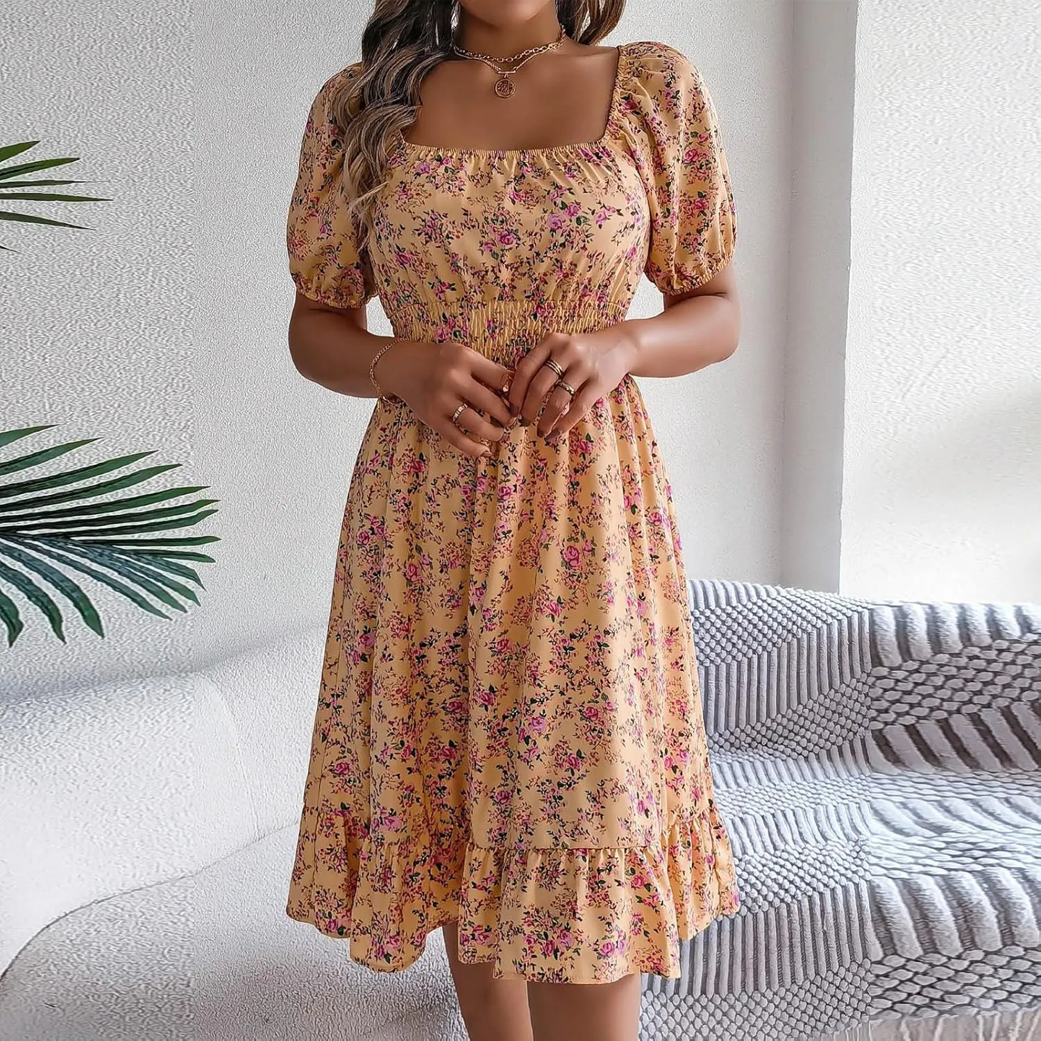 Women's Floral Print Dress Off Shoulder Short Sleeve Flowy A Line Tunic Dress Trendy Summer Beach Midi Sun Dresses