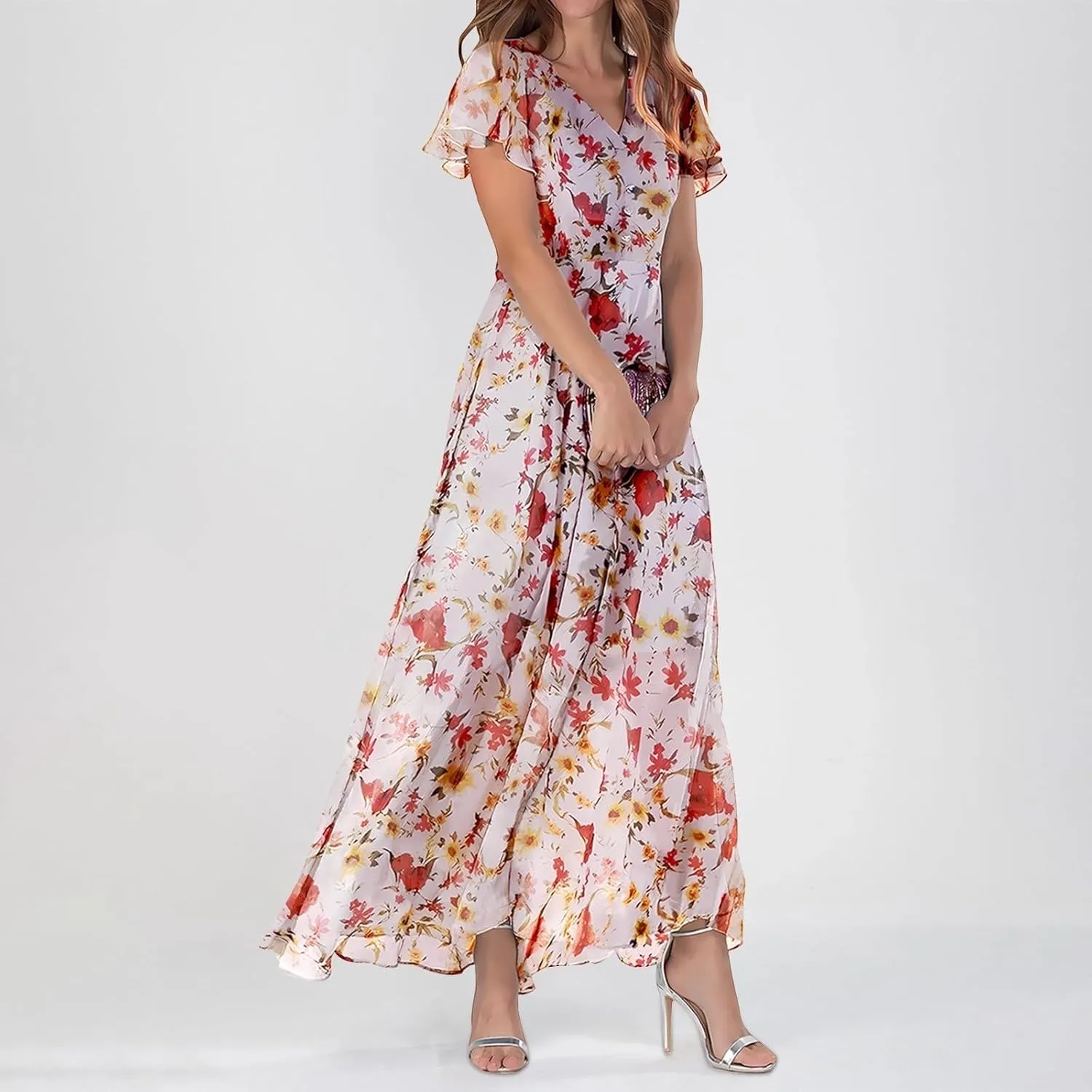 Womens Floral Summer Dress Sundresses for Women Chiffon Short Sleeve V Neck A-Line Ruffle Flowy Maxi Dress Casual