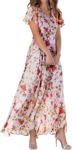 Womens Floral Summer Dress Sundresses for Women Chiffon Short Sleeve V Neck A-Line Ruffle Flowy Maxi Dress Casual