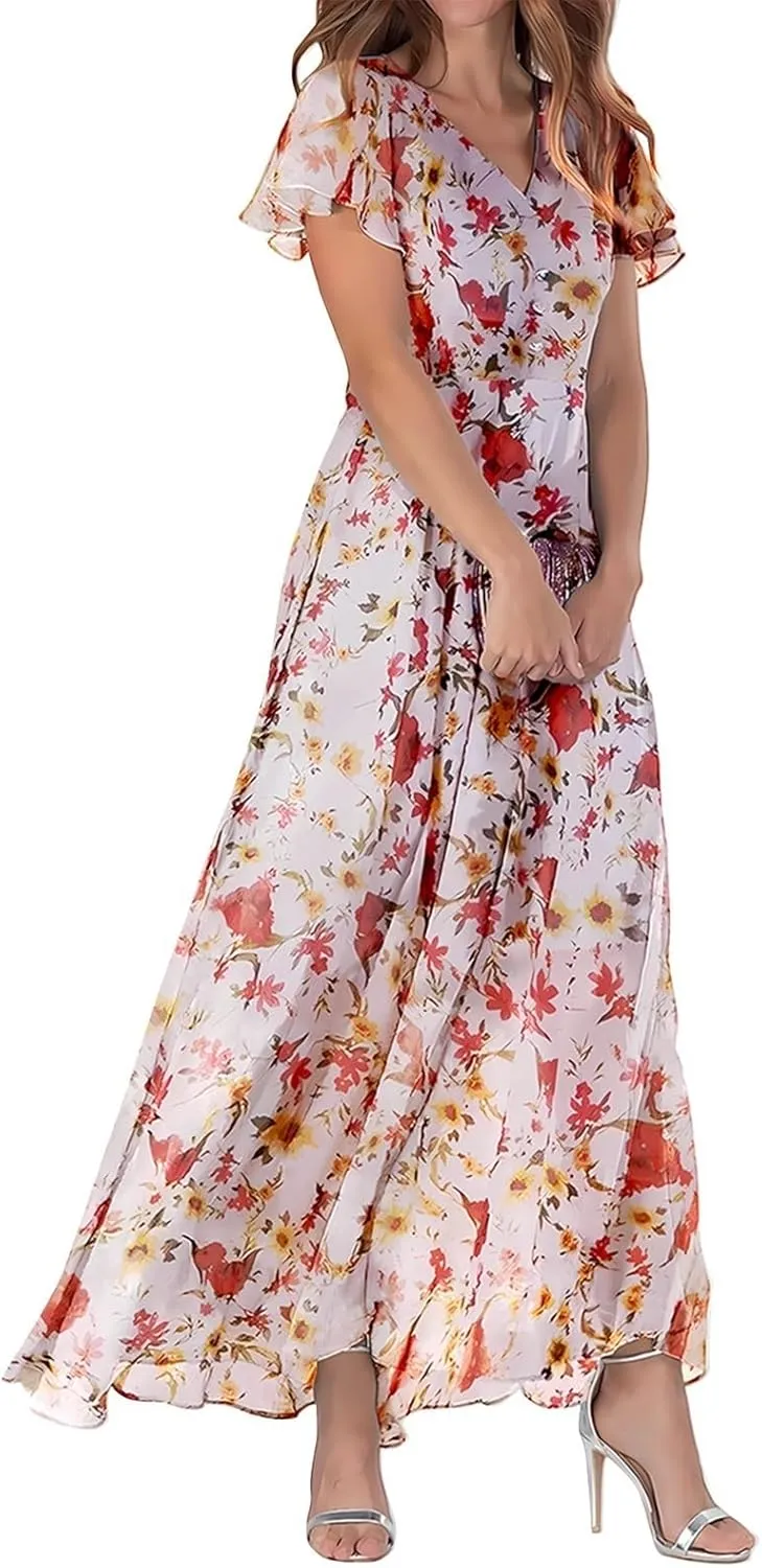 Womens Floral Summer Dress Sundresses for Women Chiffon Short Sleeve V Neck A-Line Ruffle Flowy Maxi Dress Casual